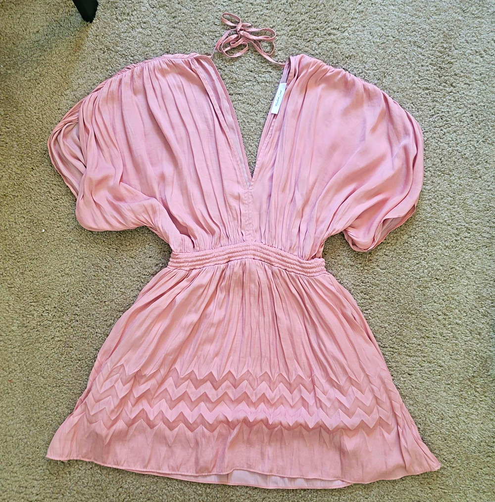 Mustard Seed Pink Solid Chiffon V-Neck Tie-Back Mini Dress Elastic Waist S